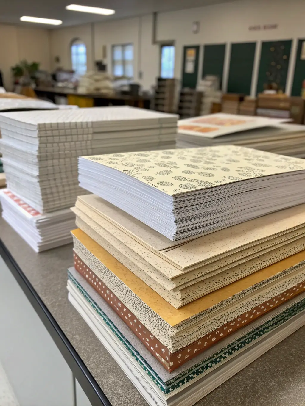 Stacks of different types of printing paper, including standard white, glossy photo paper, and specialty textured paper.