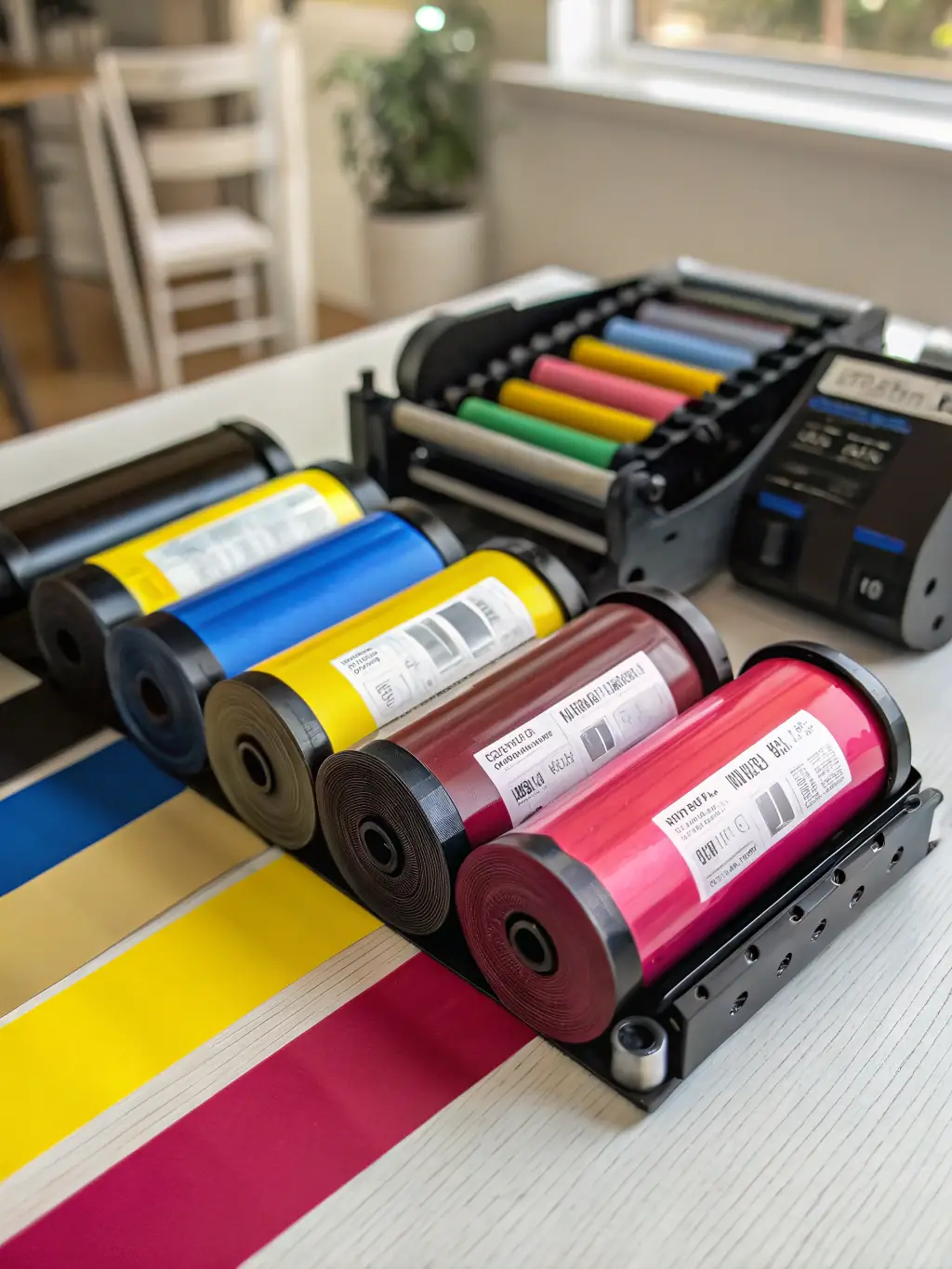 An image showcasing a variety of printing supplies, including paper, ink cartridges, and toner, arranged neatly on a desk.