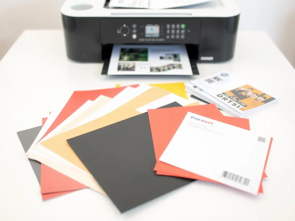 A clean, organized display of different types of printing paper offered by Micro Print Works, including standard, photo, and specialty papers.